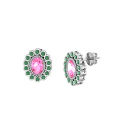 Pembe kuvars ve kök zümrüt 925 ayar gümüş küpe