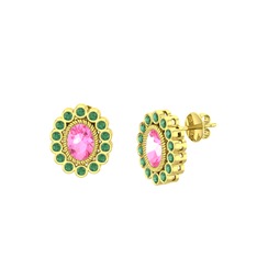 Pembe kuvars ve kök zümrüt 8 ayar altın küpe