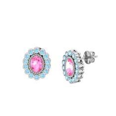 Pembe kuvars ve akuamarin 8 ayar beyaz altın küpe