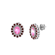 Pembe kuvars ve garnet 18 ayar beyaz altın küpe