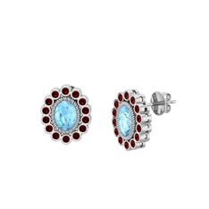 Akuamarin ve garnet 18 ayar beyaz altın küpe