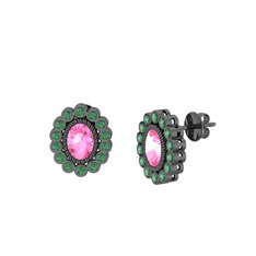 Rayiha Küpe - Pembe kuvars ve kök zümrüt 925 ayar siyah rodyum kaplama gümüş küpe #xlx5x5