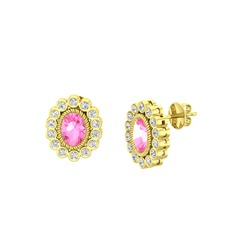 Pembe kuvars ve beyaz zirkon 18 ayar altın küpe
