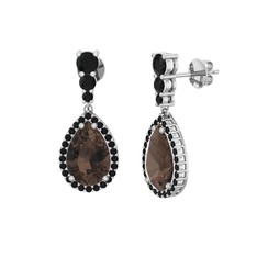 Dumanlı kuvars ve siyah zirkon 18 ayar beyaz altın küpe