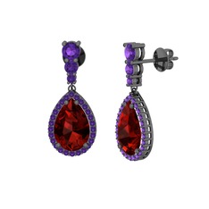 Garnet ve ametist 925 ayar siyah rodyum kaplama gümüş küpe