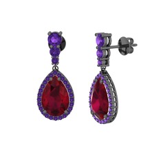 Nil Damlası Küpe - Kök yakut ve ametist 925 ayar siyah rodyum kaplama gümüş küpe #138l6ag