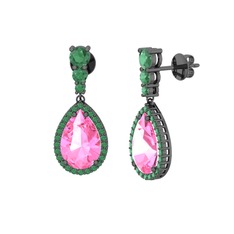 Nil Damlası Küpe - Pembe kuvars ve kök zümrüt 925 ayar siyah rodyum kaplama gümüş küpe #174sn48