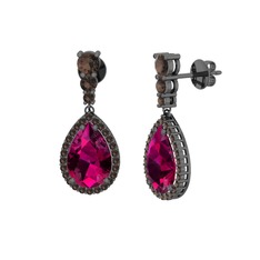 Nil Damlası Küpe - Rodolit garnet ve dumanlı kuvars 925 ayar siyah rodyum kaplama gümüş küpe #1ckpjdy