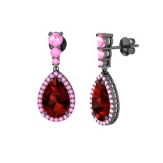 Nil Damlası Küpe - Garnet ve pembe kuvars 925 ayar siyah rodyum kaplama gümüş küpe #1d54wr4