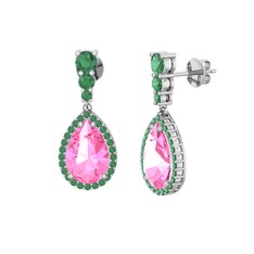 Nil Damlası Küpe - Pembe kuvars ve kök zümrüt 14 ayar beyaz altın küpe #1elokr