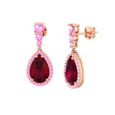 Kök yakut ve pembe kuvars 18 ayar rose altın küpe
