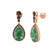 Kök zümrüt ve dumanlı kuvars 14 ayar rose altın küpe