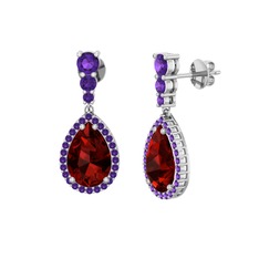 Garnet ve ametist 8 ayar beyaz altın küpe