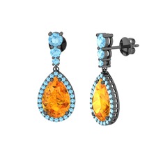 Sitrin ve akuamarin 925 ayar siyah rodyum kaplama gümüş küpe