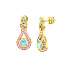 Akuamarin ve pembe kuvars 18 ayar altın küpe