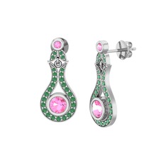 Pembe kuvars ve kök zümrüt 14 ayar beyaz altın küpe