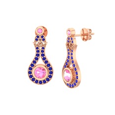 Pembe kuvars ve lab safir 8 ayar rose altın küpe