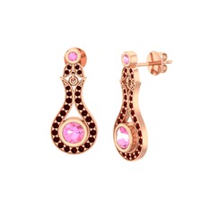 Pembe kuvars ve garnet 8 ayar rose altın küpe