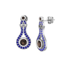 Dumanlı kuvars ve lab safir 14 ayar beyaz altın küpe