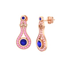 Lab safir ve pembe kuvars 18 ayar rose altın küpe