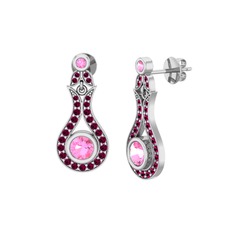 Pembe kuvars ve rodolit garnet 18 ayar beyaz altın küpe