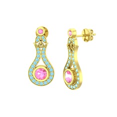 Pembe kuvars ve akuamarin 18 ayar altın küpe