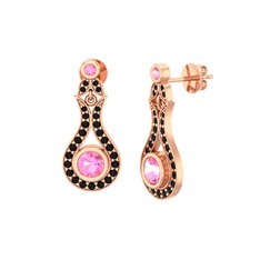Pembe kuvars ve siyah zirkon 14 ayar rose altın küpe