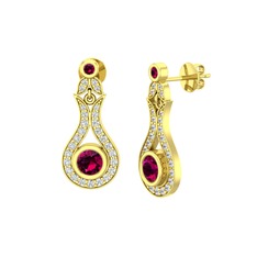 Rodolit garnet ve beyaz zirkon 18 ayar altın küpe