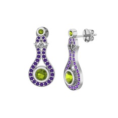 Peridot ve ametist 8 ayar beyaz altın küpe