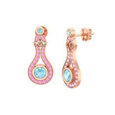 Akuamarin ve pembe kuvars 14 ayar rose altın küpe