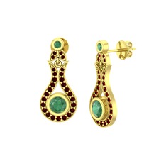 Kök zümrüt ve garnet 18 ayar altın küpe