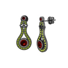 Garnet ve peridot 925 ayar siyah rodyum kaplama gümüş küpe