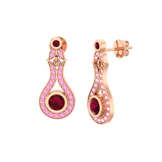 Kök yakut ve pembe kuvars 8 ayar rose altın küpe