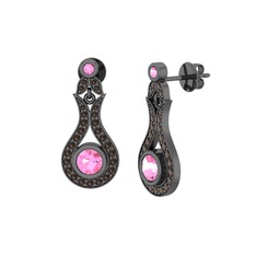 Pembe kuvars ve dumanlı kuvars 925 ayar siyah rodyum kaplama gümüş küpe