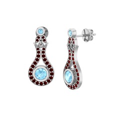 Akuamarin ve garnet 8 ayar beyaz altın küpe