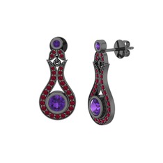 Lale Küpe - Ametist ve kök yakut 925 ayar siyah rodyum kaplama gümüş küpe #rus1fw