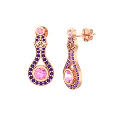 Pembe kuvars ve ametist 8 ayar rose altın küpe
