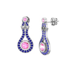 Pembe kuvars ve lab safir 8 ayar beyaz altın küpe