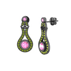 Lale Küpe - Pembe kuvars ve peridot 925 ayar siyah rodyum kaplama gümüş küpe #w6ad0s