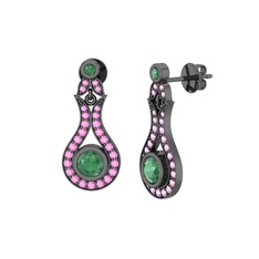 Kök zümrüt ve pembe kuvars 925 ayar siyah rodyum kaplama gümüş küpe