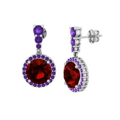 Garnet ve ametist 8 ayar beyaz altın küpe