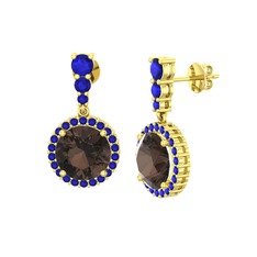 Dumanlı kuvars ve lab safir 8 ayar altın küpe