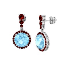 Akuamarin ve garnet 14 ayar beyaz altın küpe