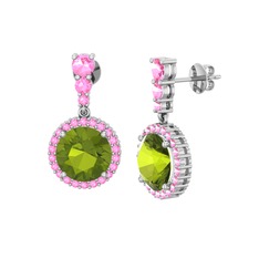 Peridot ve pembe kuvars 14 ayar beyaz altın küpe
