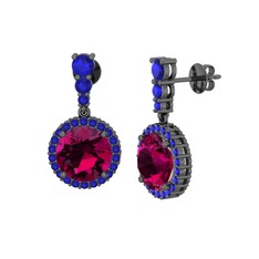 Rodolit garnet ve lab safir 925 ayar siyah rodyum kaplama gümüş küpe