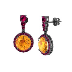 Sitrin ve rodolit garnet 925 ayar siyah rodyum kaplama gümüş küpe