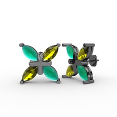 Dört Taşlı Rüzgar Küpe - Kök zümrüt ve peridot 925 ayar siyah rodyum kaplama gümüş küpe #11b6cuc