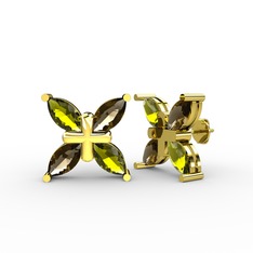 Peridot ve dumanlı kuvars 8 ayar altın küpe