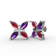 Dört Taşlı Rüzgar Küpe - Kök yakut ve ametist 14 ayar beyaz altın küpe #11uiae