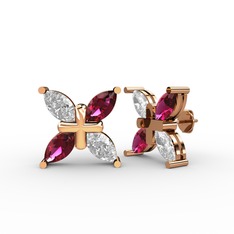 Dört Taşlı Rüzgar Küpe - Beyaz zirkon ve rodolit garnet 925 ayar rose altın kaplama gümüş küpe #11xgurt